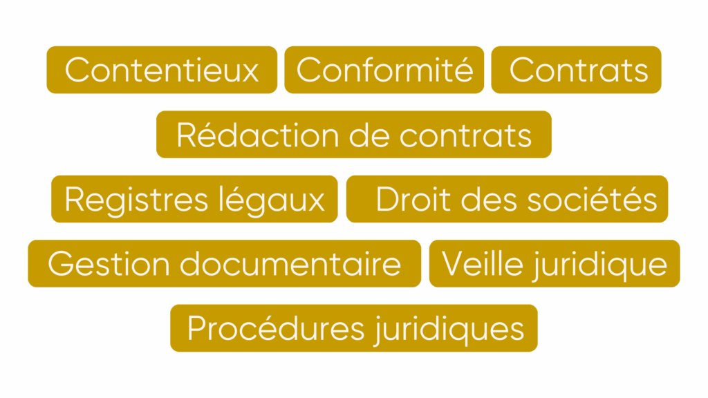 Nuage de mots illustrant les compétences clés d’une assistante juridique : contentieux, conformité, rédaction contractuelle, veille et gestion documentaire.