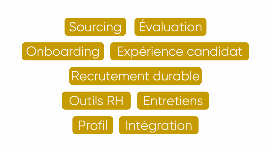 Nuage de mots illustrant la maîtrise du processus de recrutement : analyse de besoins, recherche de talents et accompagnement des candidats.