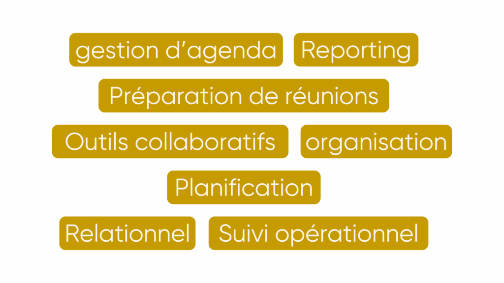 Nuage de mots illustrant la maîtrise organisationnelle d’une assistante de direction, experte en planification et en coordination d’équipes.